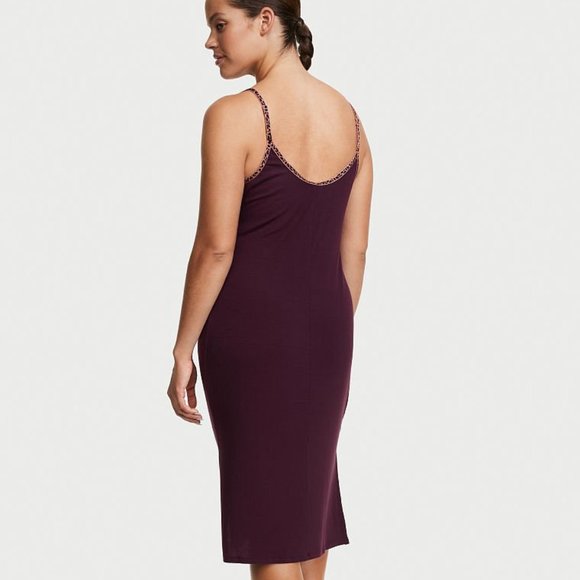 VS Modal Rib Nightgown Purple w/ Leopard Print Trim So Comfy and Cute - Picture 7 of 15